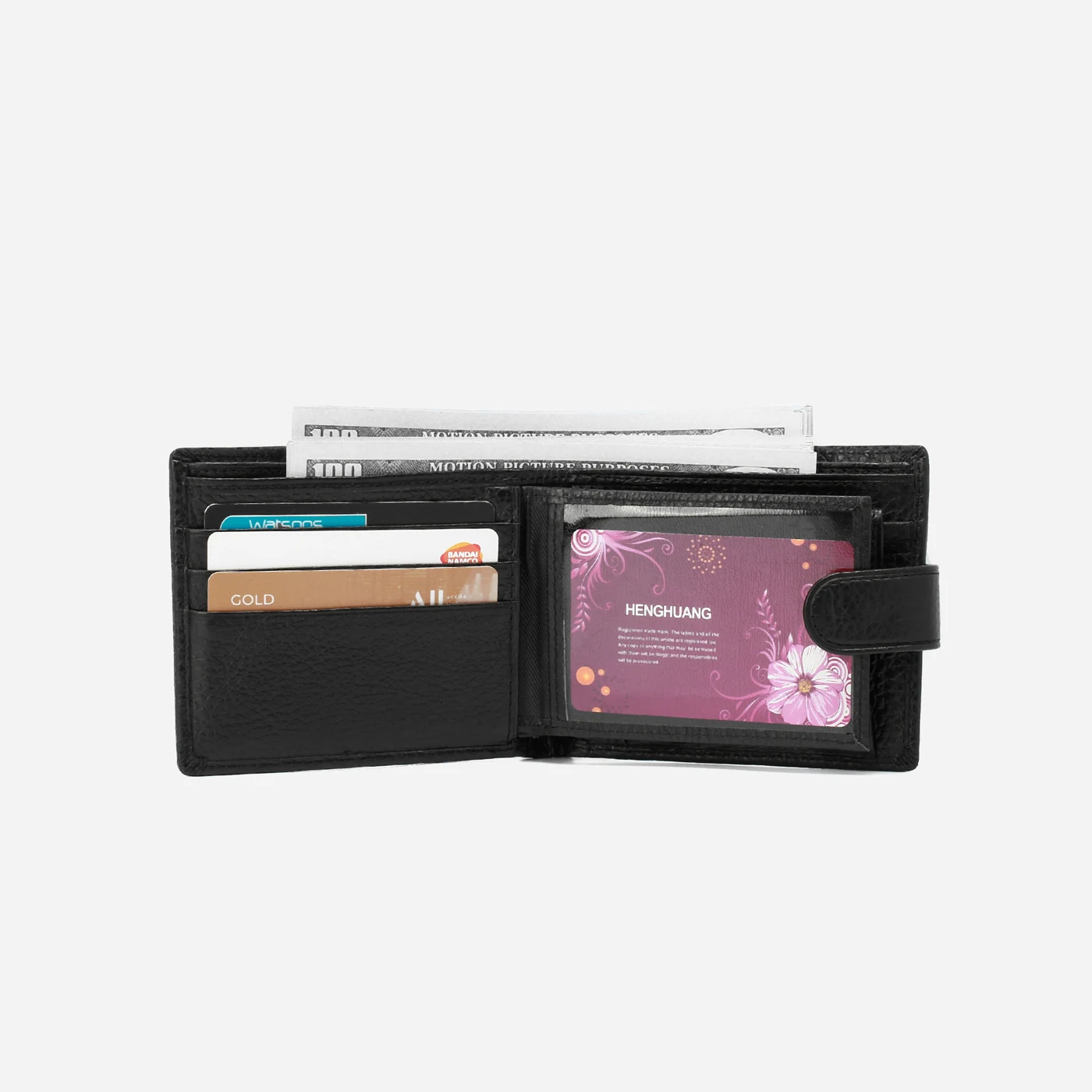 Open leather business wallet showing compartment construction and stitching